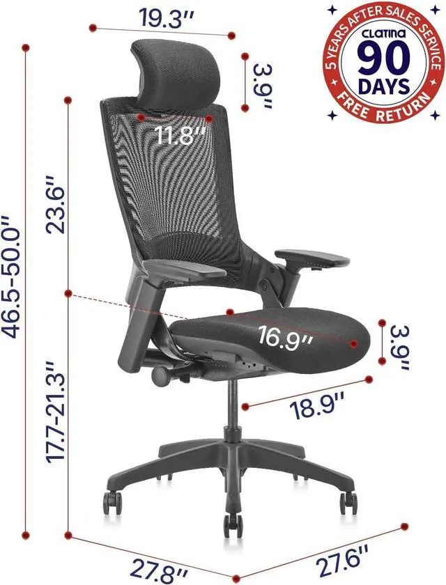 Alt view image 2 of 14 - CLATINA Ergonomic High Swivel Executive Chair with Adjustable Height Head 3D Arm Rest Lumbar Support and Upholstered Back for Home Office Black Mesh/High Back