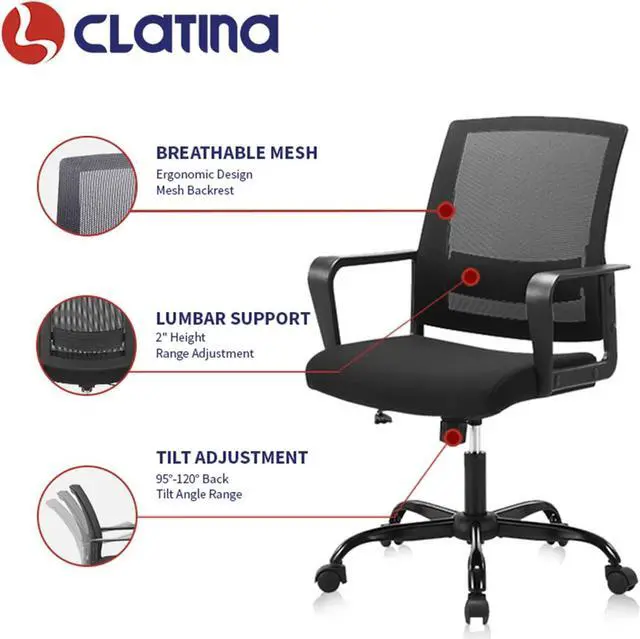 Alt view image 5 of 7 - CLATINA Ergonomic Rolling Mesh Swivel Desk Chair with Lumbar Support Design for Home Office Computer Black