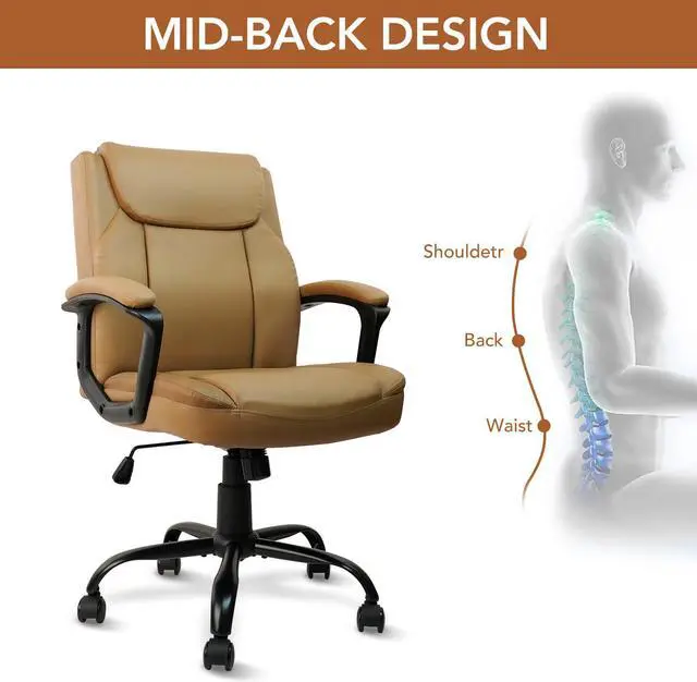 Alt view image 5 of 7 - CLATINA Brown Office Chair Computer Chair PU Leather Executive Office Chair Swivel Adjustable Height Chair with Upholstery Fixed armrest Mid-Back Leather Thick Cushion Office Chair Brown 1Pack