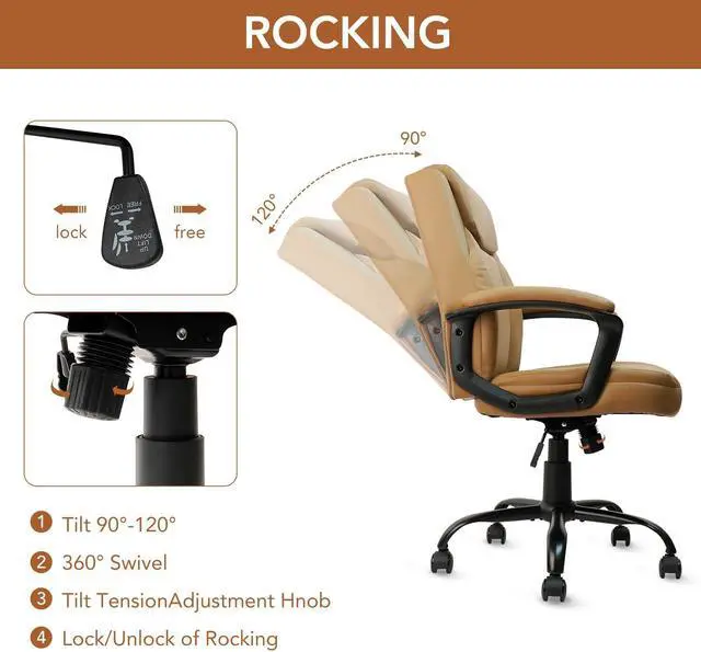Alt view image 7 of 7 - CLATINA Brown Office Chair Computer Chair PU Leather Executive Office Chair Swivel Adjustable Height Chair with Upholstery Fixed armrest Mid-Back Leather Thick Cushion Office Chair Brown 1Pack