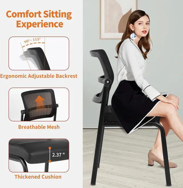 Alt view image 3 of 7 - CLATINA Armless Waiting Room Chair with Adjustable Mesh Backrest,Office Guest Reception Chairs with Leather Cushion and Ergonomic Lumbar Support for Conference Lobby Side School,Black,1PK