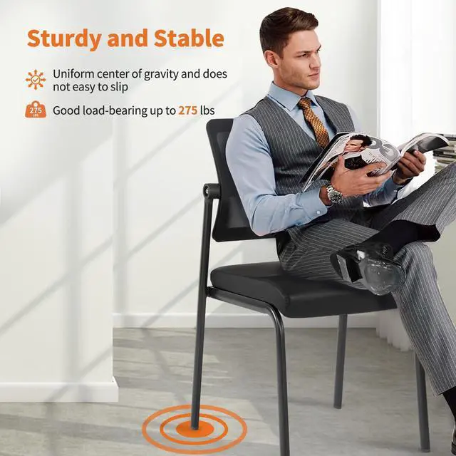 Alt view image 5 of 7 - CLATINA Armless Waiting Room Chair with Adjustable Mesh Backrest,Office Guest Reception Chairs with Leather Cushion and Ergonomic Lumbar Support for Conference Lobby Side School,Black,1PK