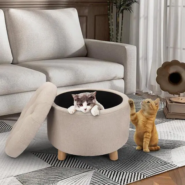 Alt view image 4 of 7 - CLATINA Modern Round Storage Ottoman, Button Tufted Pouf Ottoman Foot Stools with Padded Seat, Vanity Stool with Removable Lid Storage Footstool for Living Room, Bedroom, Makeup Room, Beige