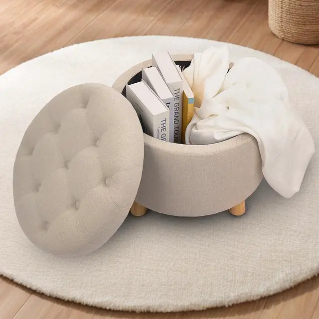 Alt view image 3 of 7 - CLATINA Modern Round Storage Ottoman, Button Tufted Pouf Ottoman Foot Stools with Padded Seat, Vanity Stool with Removable Lid Storage Footstool for Living Room, Bedroom, Makeup Room, Beige