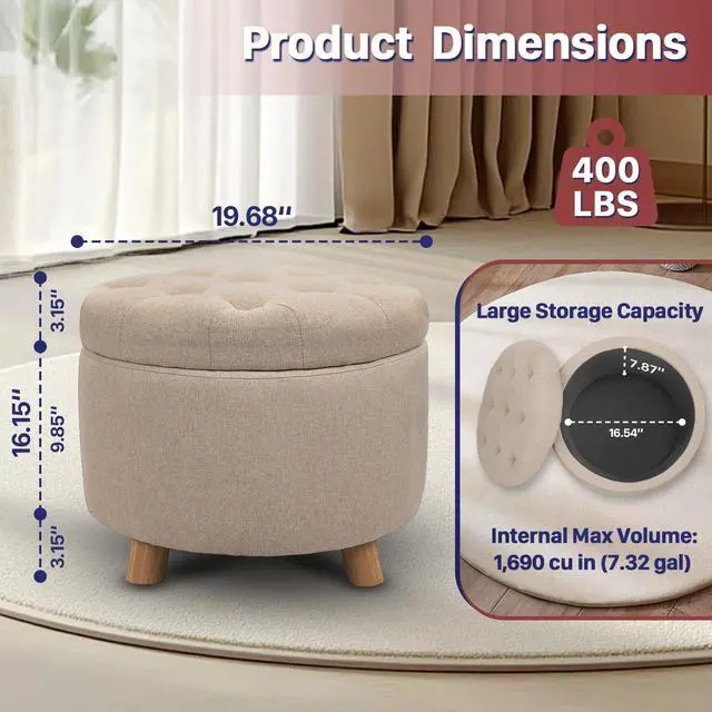 Alt view image 2 of 7 - CLATINA Modern Round Storage Ottoman, Button Tufted Pouf Ottoman Foot Stools with Padded Seat, Vanity Stool with Removable Lid Storage Footstool for Living Room, Bedroom, Makeup Room, Beige