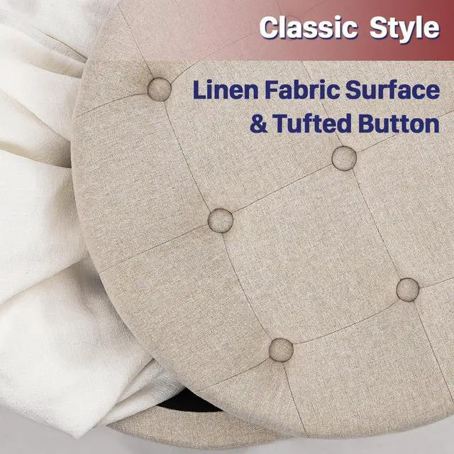 Alt view image 6 of 7 - CLATINA Modern Round Storage Ottoman, Button Tufted Pouf Ottoman Foot Stools with Padded Seat, Vanity Stool with Removable Lid Storage Footstool for Living Room, Bedroom, Makeup Room, Beige