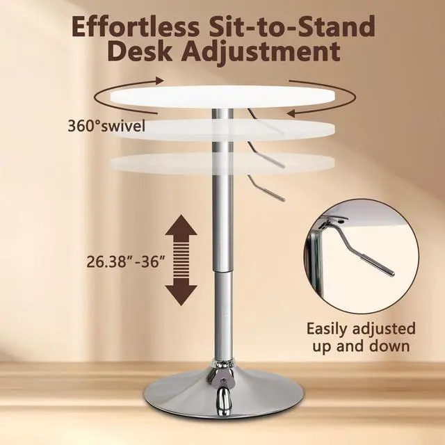 Alt view image 3 of 7 - CLATINA Round Bar Pub Table, 26"-36" Height Adjustable Bistro Tables with Metal Base, 360° Swivel High Top Cocktail Table for Home Kitchen Party Drink Restaurant Wedding Cafe Office Reception, White