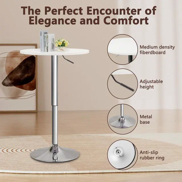 Alt view image 4 of 7 - CLATINA Round Bar Pub Table, 26"-36" Height Adjustable Bistro Tables with Metal Base, 360° Swivel High Top Cocktail Table for Home Kitchen Party Drink Restaurant Wedding Cafe Office Reception, White