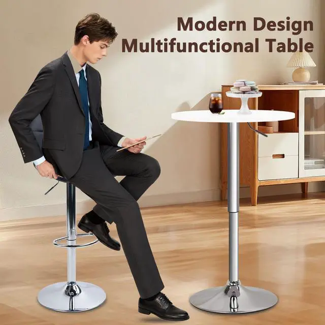 Alt view image 6 of 7 - CLATINA Round Bar Pub Table, 26"-36" Height Adjustable Bistro Tables with Metal Base, 360° Swivel High Top Cocktail Table for Home Kitchen Party Drink Restaurant Wedding Cafe Office Reception, White