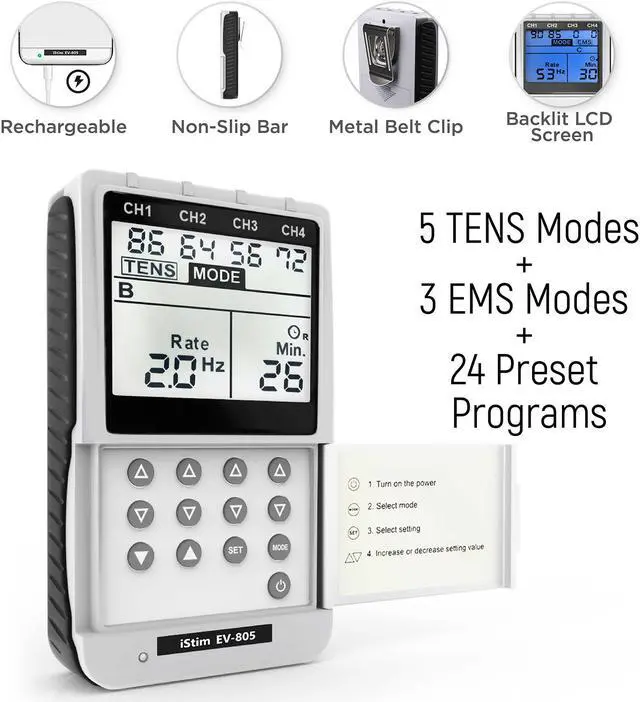 Alt view image 2 of 5 - iStim TENS EMS EV-805 - 4 Channel Rechargeable Machine - Electrical Muscle Stimulator for Pain Relief - 24 Programs/Adjustable Pulse Rate & Width/Backlit - 24 pcs Premium Electrode Pads (Japanese Gel)