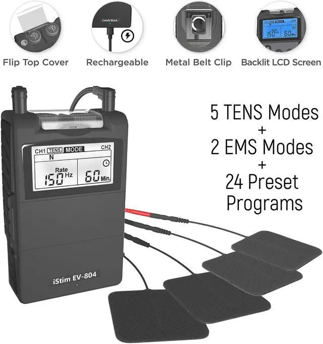 Alt view image 2 of 5 - iStim EV-804 TENS/EMS 2 Channel Rechargeable Combo Machine Unit - Muscle Stimulator + Back Pain Relief and Management- 7 modes/24 Programs/Backlit (Including 8 Pieces Electrodes Pads)