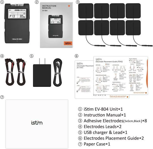 Alt view image 5 of 5 - iStim EV-804 TENS/EMS 2 Channel Rechargeable Combo Machine Unit - Muscle Stimulator + Back Pain Relief and Management- 7 modes/24 Programs/Backlit (Including 8 Pieces Electrodes Pads)