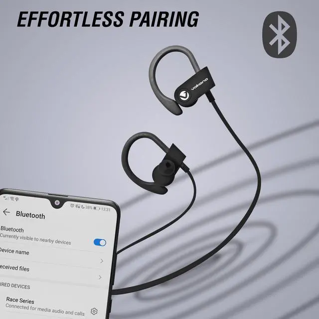 Alt view image 2 of 9 - Volkano Wireless Earbud in-Ear Bluetooth Headphones, Comfortable Sport Stabilizer Earhooks for Home Workout Running with In-Line Control & Built-In Microphone [Black] - Race Series