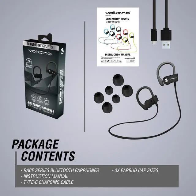 Alt view image 7 of 9 - Volkano Wireless Earbud in-Ear Bluetooth Headphones, Comfortable Sport Stabilizer Earhooks for Home Workout Running with In-Line Control & Built-In Microphone [Black] - Race Series