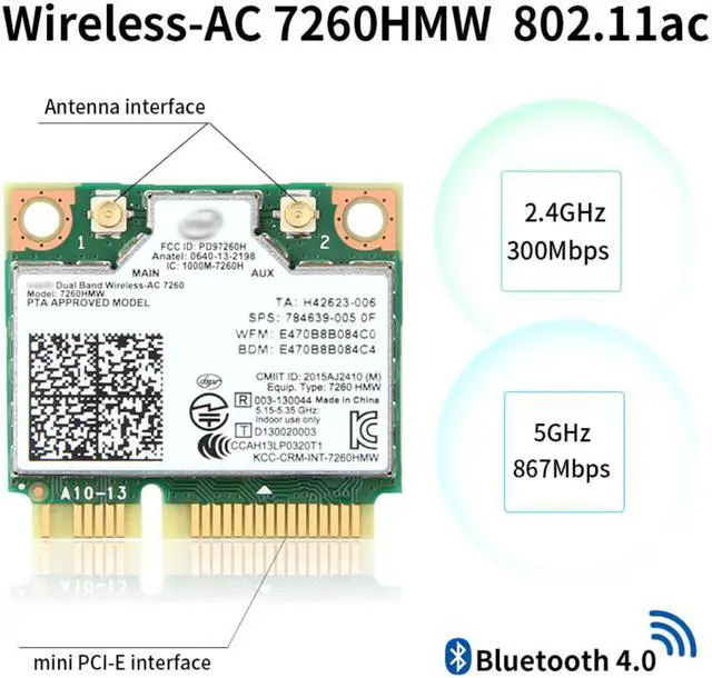 Alt view image 3 of 7 - Wireless Dual Band Wifi Intel 7260 7260HMW 7260AC 2X2 Mini PCI-E Bluetooth 4.0 Wi-Fi Network Card Antennas, Up to 867Mbps (5Ghz) + 300Mbps (2.4Ghz), IEEE802.11ac/a/b/g/n, Windows 7/8/10 For Laptop PC