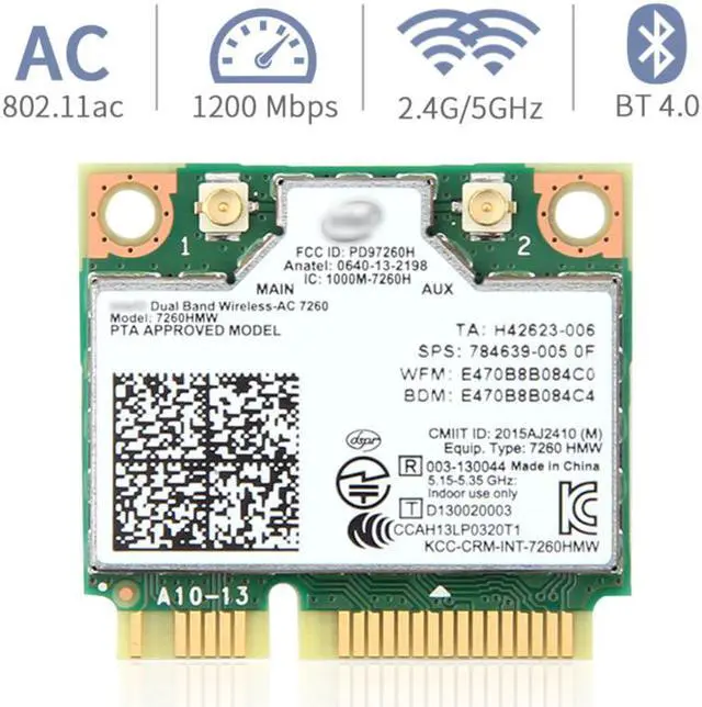 Main image of Wireless Dual Band Wifi Intel 7260 7260HMW 7260AC 2X2 Mini PCI-E Bluetooth 4.0 Wi-Fi Network Card Antennas, Up to 867Mbps (5Ghz) + 300Mbps (2.4Ghz), IEEE802.11ac/a/b/g/n, Windows 7/8/10 For Laptop PC