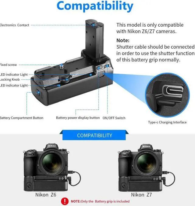 Alt view image 2 of 7 - Battery Grip Pack as MB-N10 Replacement for Nikon Z6 Z7 Camera, Support Vertical Shooting, Works with 2 EN-EL15a Rechargeable Li-ion Batteries (Battery Not Included)