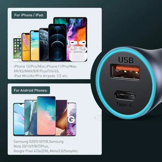 Alt view image 2 of 6 - USB C Car Charger, Baseus 40W Metal Fast Car Charger, PD3.0 QC3.0 Dual Port Car Adapter with LED Display Quick Charge for iPhone 12 Mini/12 Pro/Pro Max, Galaxy S20, iPad Pro, Pixel, Android and More