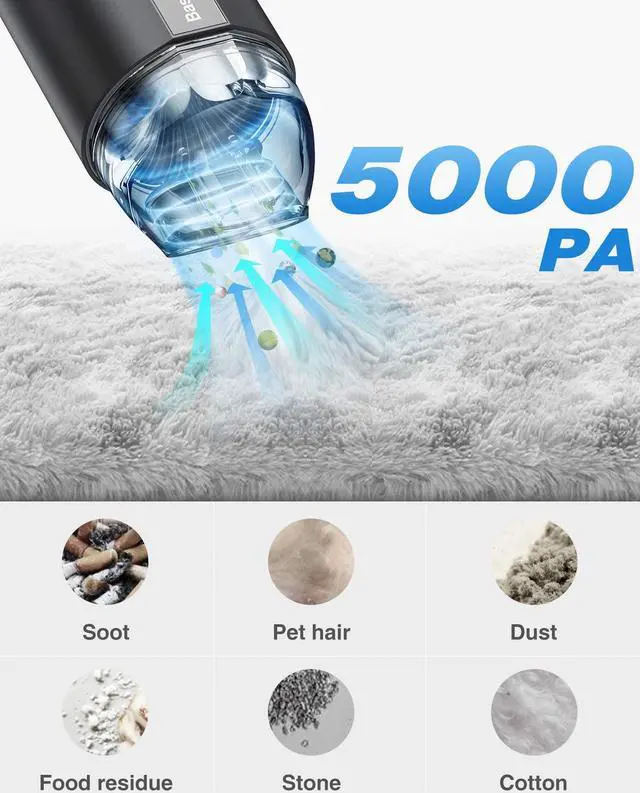 Alt view image 5 of 6 - Baseus Car Vacuum Cleaner Portable Cordless Handheld Fast Charge High Power Rechargeable USB Type-C 70W 5000Pa Vacuum for Home/Office/Car Cleaning