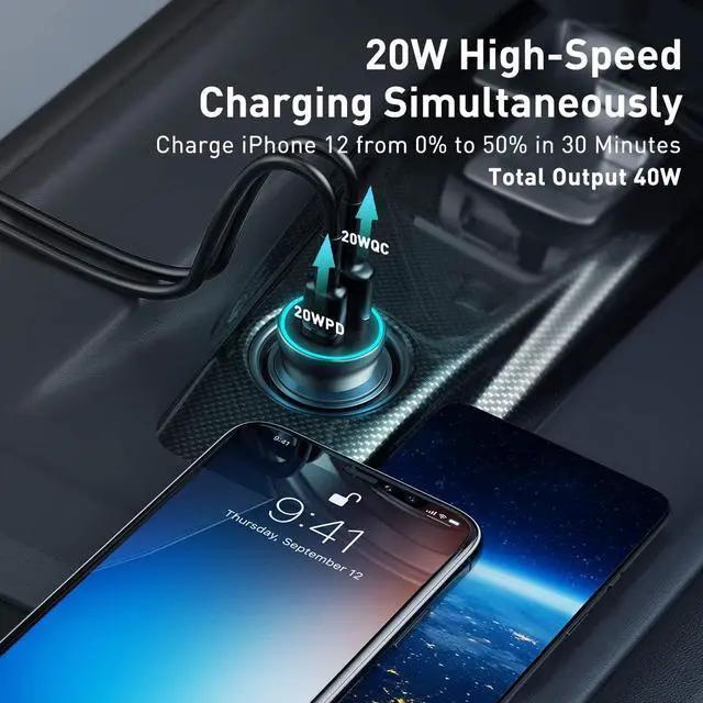 Alt view image 6 of 6 - USB C Car Charger, Baseus 40W Metal Fast Car Charger, PD3.0 QC3.0 Dual Port Car Adapter with LED Display Quick Charge for iPhone 12 Mini/12 Pro/Pro Max, Galaxy S20, iPad Pro, Pixel, Android and More