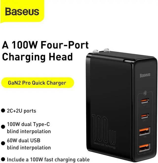 Alt view image 5 of 7 - Baseus GaN Charger 100W USB Type C PD Fast Charger with Quick Charge 4.0 3.0 USB Phone Charger For MacBook Laptop Smartphone
