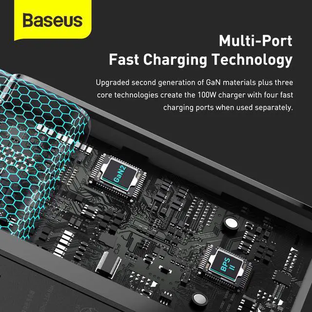 Alt view image 4 of 7 - Baseus GaN Charger 100W USB Type C PD Fast Charger with Quick Charge 4.0 3.0 USB Phone Charger For MacBook Laptop Smartphone