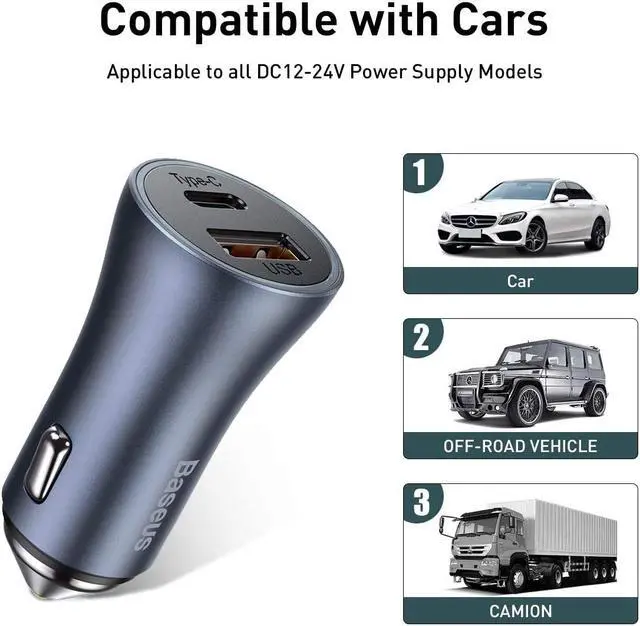 Alt view image 4 of 6 - USB C Car Charger, Baseus 40W Metal Fast Car Charger, PD3.0 QC3.0 Dual Port Car Adapter with LED Display Quick Charge for iPhone 12 Mini/12 Pro/Pro Max, Galaxy S20, iPad Pro, Pixel, Android and More