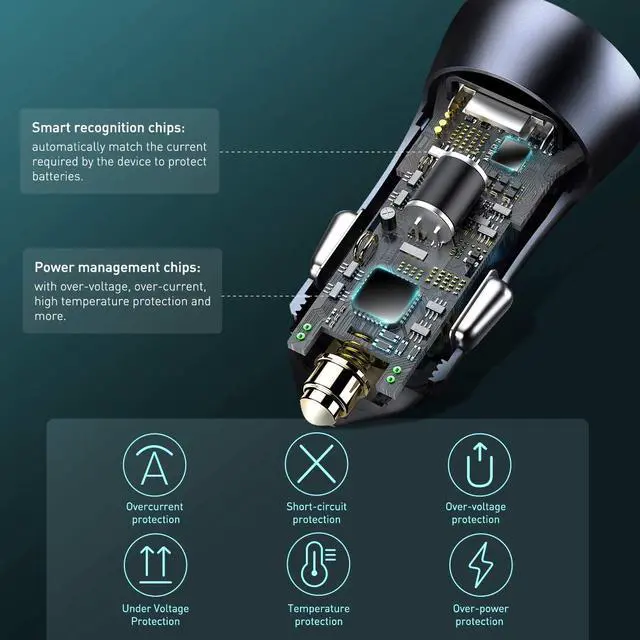 Alt view image 5 of 6 - USB C Car Charger, Baseus 40W Metal Fast Car Charger, PD3.0 QC3.0 Dual Port Car Adapter with LED Display Quick Charge for iPhone 12 Mini/12 Pro/Pro Max, Galaxy S20, iPad Pro, Pixel, Android and More
