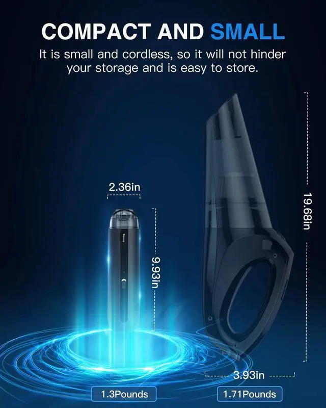 Alt view image 3 of 6 - Baseus Car Vacuum Cleaner Portable Cordless Handheld Fast Charge High Power Rechargeable USB Type-C 70W 5000Pa Vacuum for Home/Office/Car Cleaning