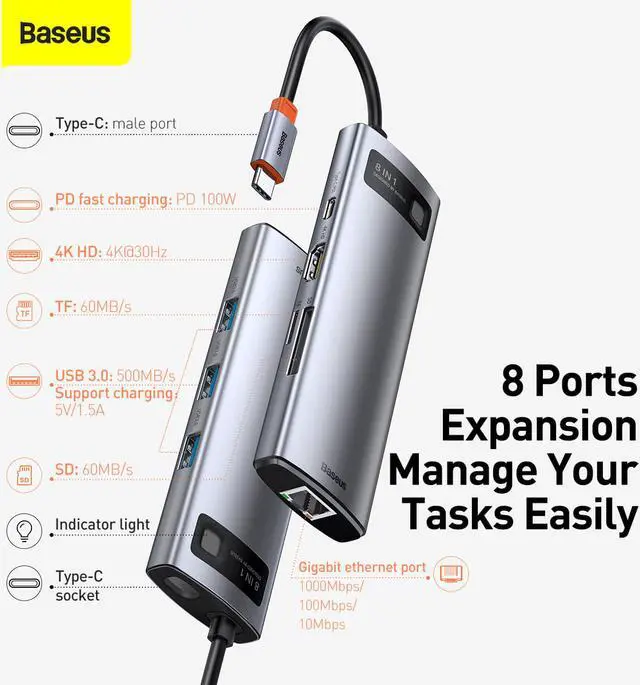 Alt view image 4 of 7 - Baseus Metal Gleam Series 8-in-1 USB HUB Type C to Multi USB 3.0 4K HD PD 100W Port USB HUB Adapter for MacBook Pro iPad Laptop USB Splitter USB 3.1 C HUB