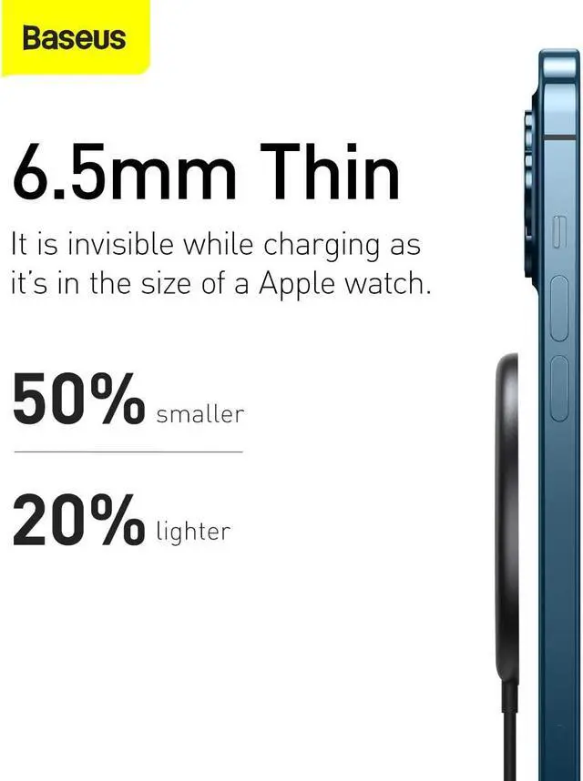 Alt view image 3 of 7 - Wireless Charger, Baseus 15W Max Mini Magnetic Wireless Charging Pad with 4.92ft Type-C Cable,PD Fast Charging for iPhone 12/12 mini/12 Pro/12 Pro Max (No AC Adapter)