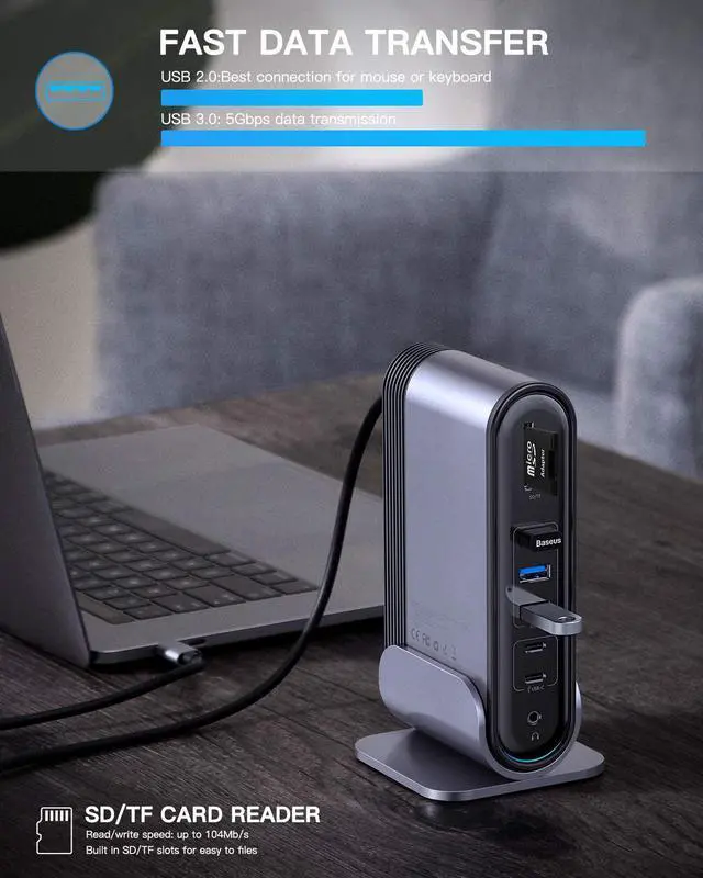 Alt view image 7 of 7 - USB-C 4K Triple Display Docking Station, Baseus USB C Dock Universal Docking Station with 3 HDMI 4K, Audio, Ethernet, 5 USB Ports, 100W USB-C PD, SD/TF Card Reader for Windows, PC, Mac, Laptops