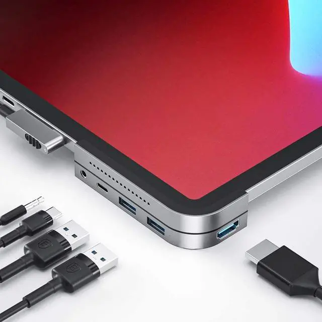 Alt view image 5 of 7 - iPad Pro USB C Hub,Baseus 6-in-1 Adapter for iPad Pro 2020 2019 2018, Upgrade Type C Dongle to 4K HDMI 2.0,USB 3.0,SD/Micro SD Card Reader,3.5mm Earphone Jack,Type C PD Charger&Independent Switch