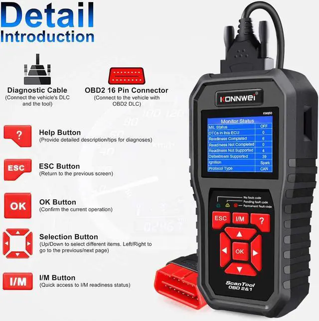 Alt view image 6 of 14 - KONNWEI OBD2 Scanner Professional Car OBD II Scanner Auto Diagnostic Fault Code Reader Automotive Check Engine Light Diagnostic EOBD Scan Tool for All OBDII Protocol Cars Since 1996 (Enhanced KW850)