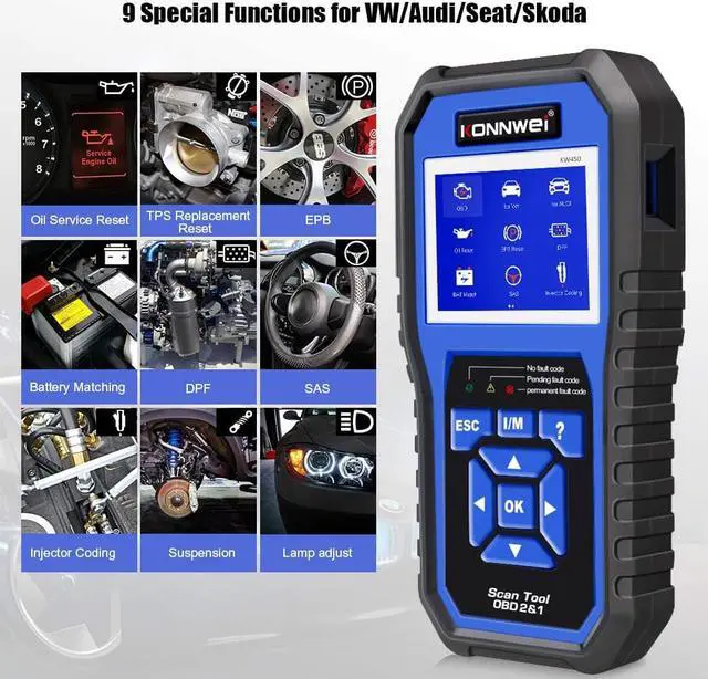 Alt view image 6 of 7 - KONNWEI KW450 All System OBD2 Scanner with 9 Special Functions for VAG Vehicles Diagnosis Code Reader Oil SAS EPB TPS Reset Injector Coding DPF Lamp Adjust Suspension Scan Tool