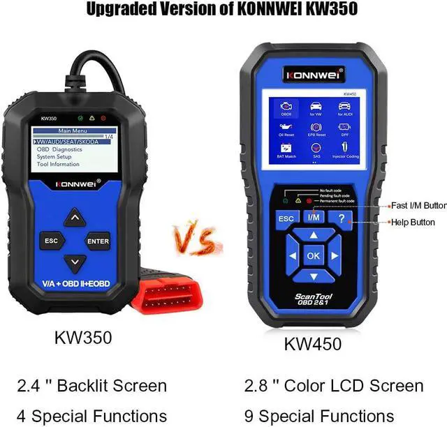 Alt view image 7 of 7 - KONNWEI KW450 All System OBD2 Scanner with 9 Special Functions for VAG Vehicles Diagnosis Code Reader Oil SAS EPB TPS Reset Injector Coding DPF Lamp Adjust Suspension Scan Tool