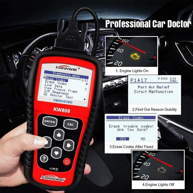 Alt view image 7 of 7 - KONNWEI KW808 Auto OBDII Code Reader 2.8"Large Screen OBD2 Scanner with Full Diagnostic Scan Tool Functions Check Car Engine Light Fault Code Analyzer for All 1996 and Newer Cars with OBD II Protocol