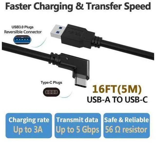 Alt view image 5 of 7 - Oculus Quest Link Cable, USB 3.0 USB A to USB C Cable 16FT, 90 Degree Angled High Speed Data Transfer & Fast Charging Cable Compatible for Oculus Quest and Oculus Quest 2 to Gaming PC (16ft/5M)