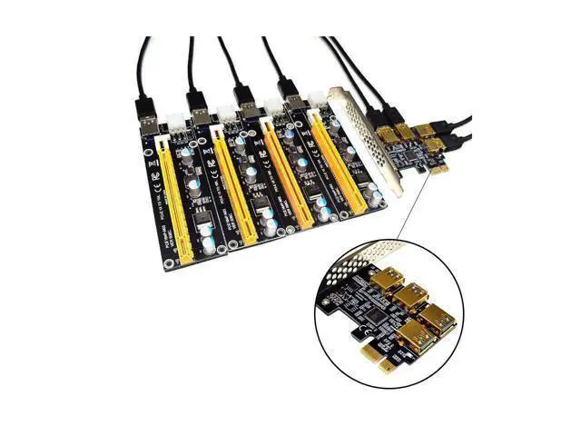 Alt view image 6 of 6 - New 4 Ports PCIe Riser Adapter Board PCI-E 1x to 4 USB 3.0 PCI-E Rabbet GPU Riser Extender Ethereum ETH/Monero XMR/Zcash ZEC 16X External Slot Card Multiplier for Miner Mining BTC