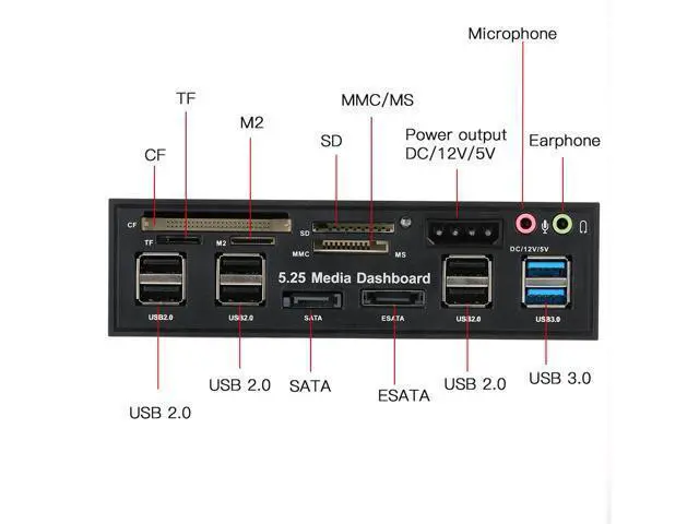 Alt view image 2 of 7 - Multi-Function 5.25 Bay USB 3.0 Hub eSATA,Sata Front Panel, SATA Port Internal Card Reader PC Dashboard Media Front Panel Audio for SD MS CF TF M2 MMC Memory Cards Fits 5.25" Bay