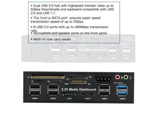Alt view image 4 of 7 - Multi-Function 5.25 Bay USB 3.0 Hub eSATA,Sata Front Panel, SATA Port Internal Card Reader PC Dashboard Media Front Panel Audio for SD MS CF TF M2 MMC Memory Cards Fits 5.25" Bay