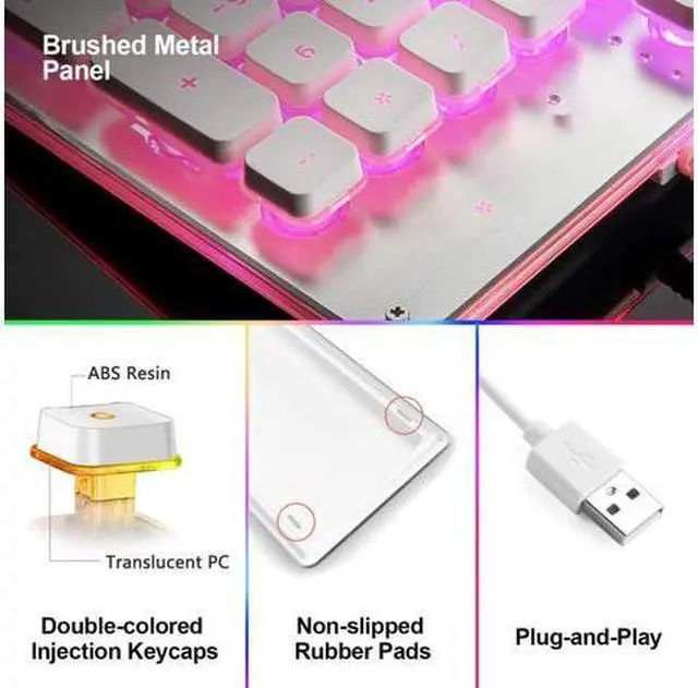 Alt view image 4 of 6 - LANGTU Membrane Gaming Keyboard Rainbow LED Backlight Silent Keyboard USB Wired Full Metal Panel 25-Key Anti-Ghosting Computer Keyboard 104-Key-White