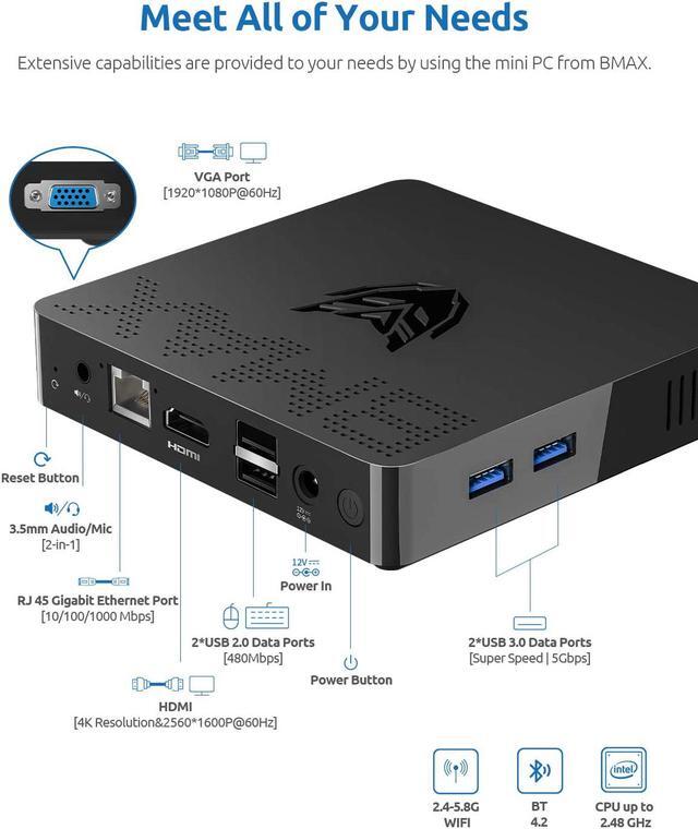 Alt view image 6 of 7 - Bmax B1 Mini PC Intel Celeron J3060 Dual Core 1.6GHz up to 2.4GHz 4GB LPDDR3 64GB eMMC Intel HD Graphics Wifi bluetooth M.2 SATA 12V/2A HD VGA