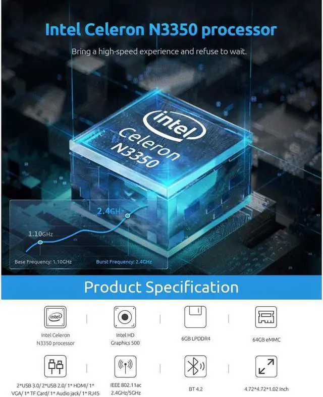Alt view image 2 of 7 - BMAX B1 Plus Intel Celeron N3350 Mini PC 6GB LPDDR4 64GB eMMC 1.1GHz to 2.4GHz Intel HD Graphics 500 BT4.2 M.2 SATA 2280 Windows 10(64bit)