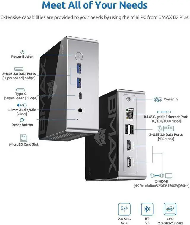 Alt view image 8 of 7 - BMAX B2plus Desktop Mini PC with Intel Gemini Lake N4120 Intel 9th Gen UHD Graphics 600 Dual-HDMI Interface 8GB LPDDR4 + 256GB SSD Windows 10