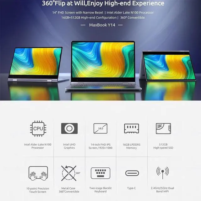 Alt view image 2 of 6 - BMAX Y14 2024 NEW 360° Laptop 14 inch Notebook 16GB RAM LPDDR5 512GB SSD Windows 11 1920*1080 IPS Intel N100 laptops Computer