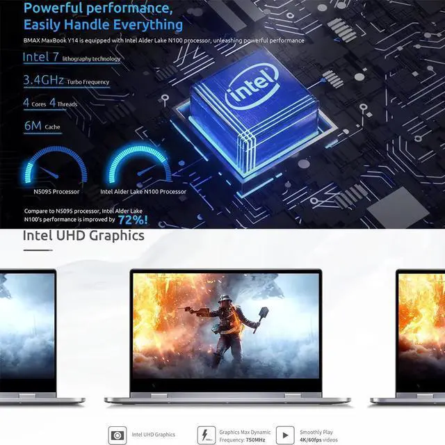 Alt view image 4 of 6 - BMAX Y14 2024 NEW 360° Laptop 14 inch Notebook 16GB RAM LPDDR5 512GB SSD Windows 11 1920*1080 IPS Intel N100 laptops Computer
