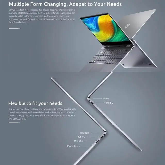 Alt view image 6 of 6 - BMAX Y14 2024 NEW 360° Laptop 14 inch Notebook 16GB RAM LPDDR5 512GB SSD Windows 11 1920*1080 IPS Intel N100 laptops Computer