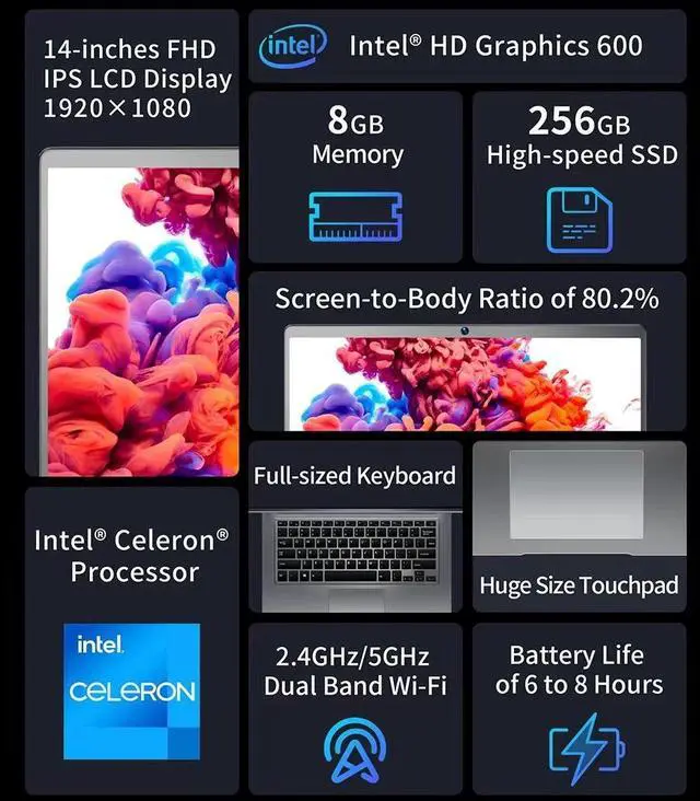 Alt view image 7 of 7 - BMAX Laptop 14" 8GB RAM 256GB SSD Laptops Computer Intel Celeron N4100 Quad Core Processor Windows 11 Laptop 1920x1080 HD Thin Traditional Laptops Computer