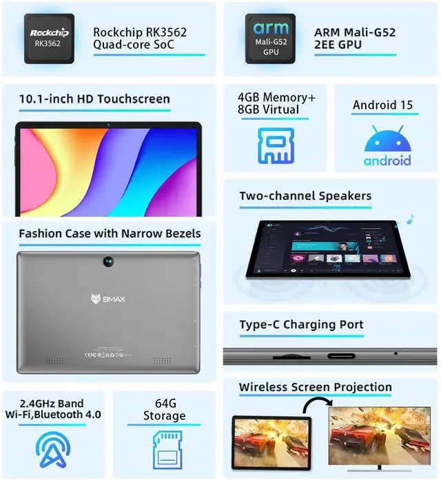 Alt view image 2 of 7 - BMAX I9 Plus Android 15  Tablet  12GB RAM(4GB+8GB Expand) + 64GB ROM 10.1" 1280*800 IPS Touch Scree RK3562 Quad Core Port Tablets PC WIFI 6 (2.4GHz+5GHz No LTE)6000mAh Battery Front Camera Kids Tablet